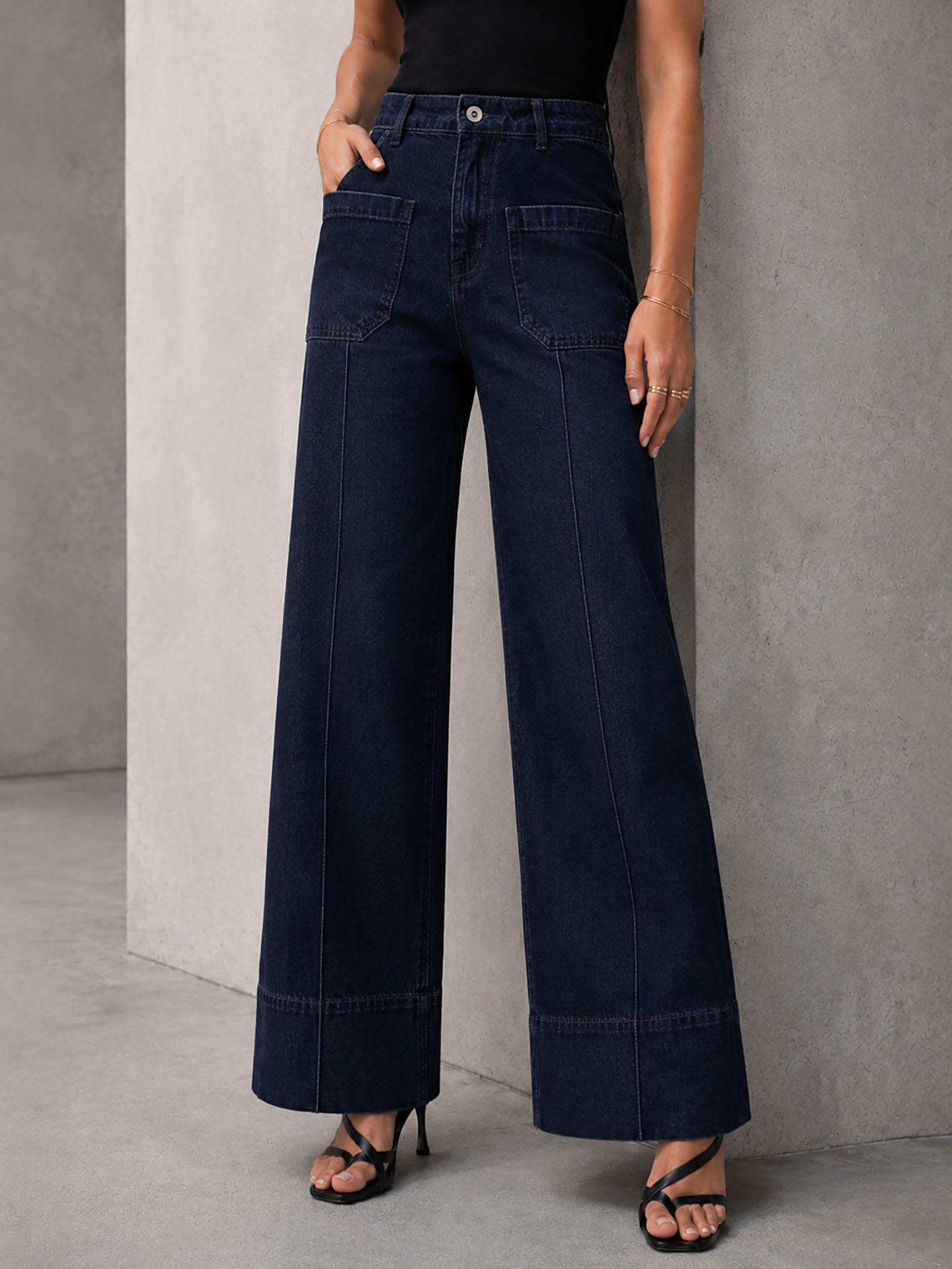Navy High-Waisted Pocket Wide Leg Jeans