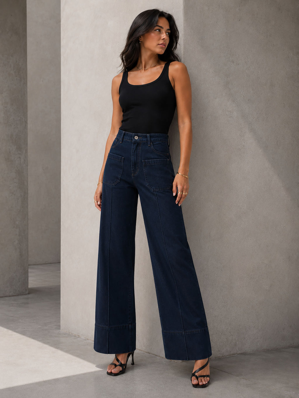Navy High-Waisted Pocket Wide Leg Jeans