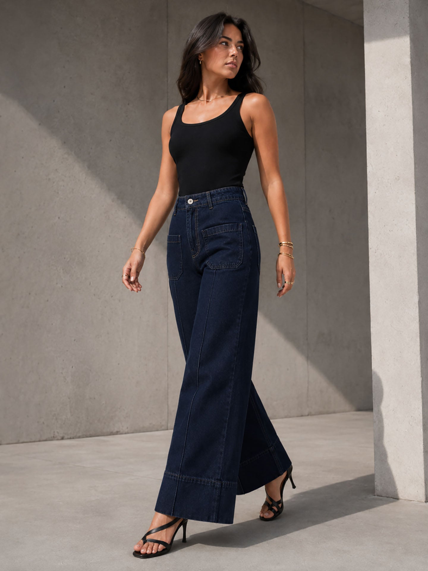 Navy High-Waisted Pocket Wide Leg Jeans