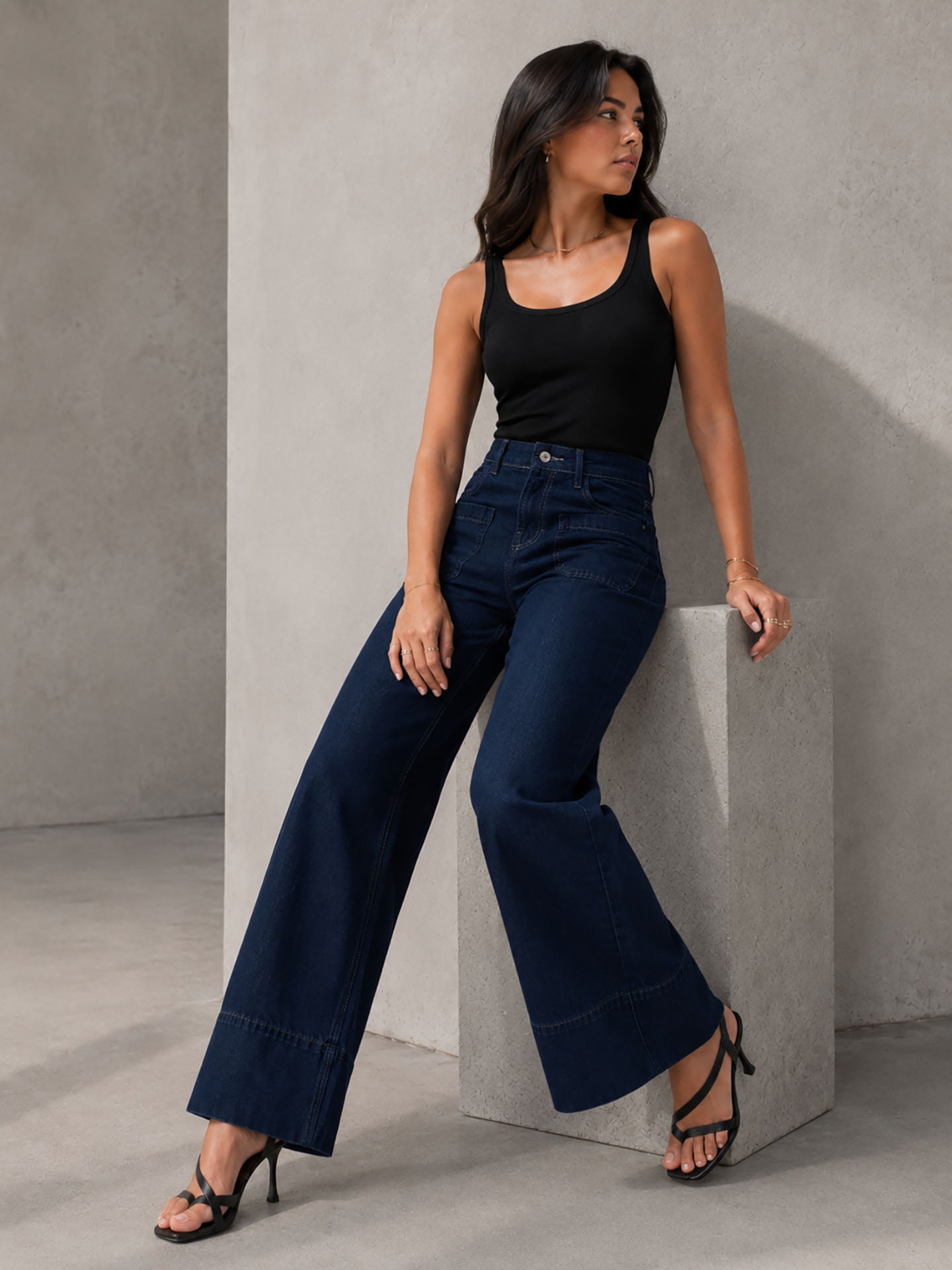 Navy High-Waisted Pocket Wide Leg Jeans