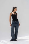 Deep Navy Low-Rise Drawstring Wide-Leg Jeans