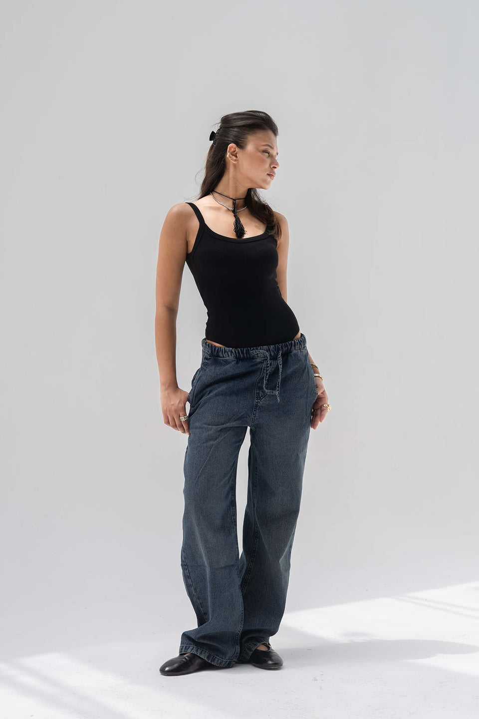 Deep Navy Low-Rise Drawstring Wide-Leg Jeans