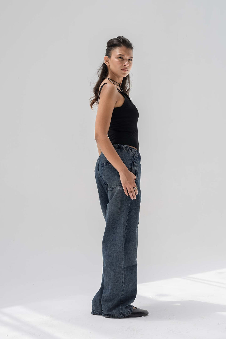 Deep Navy Low-Rise Drawstring Wide-Leg Jeans