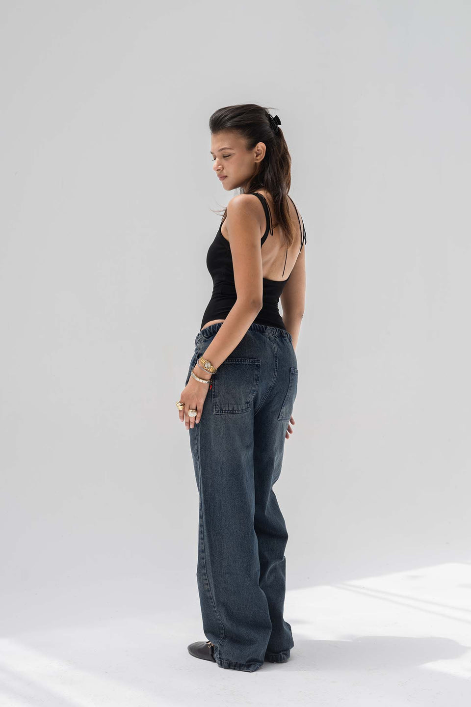 Deep Navy Low-Rise Drawstring Wide-Leg Jeans