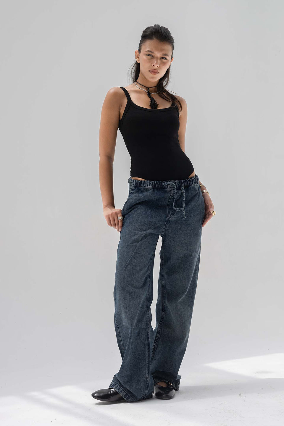 Deep Navy Low-Rise Drawstring Wide-Leg Jeans