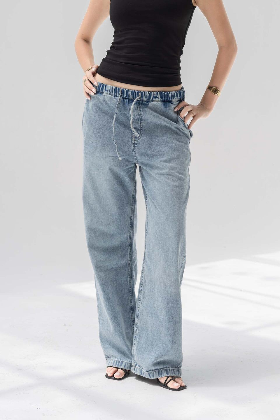 Light Blue Low-Rise Drawstring Wide-Leg Jeans