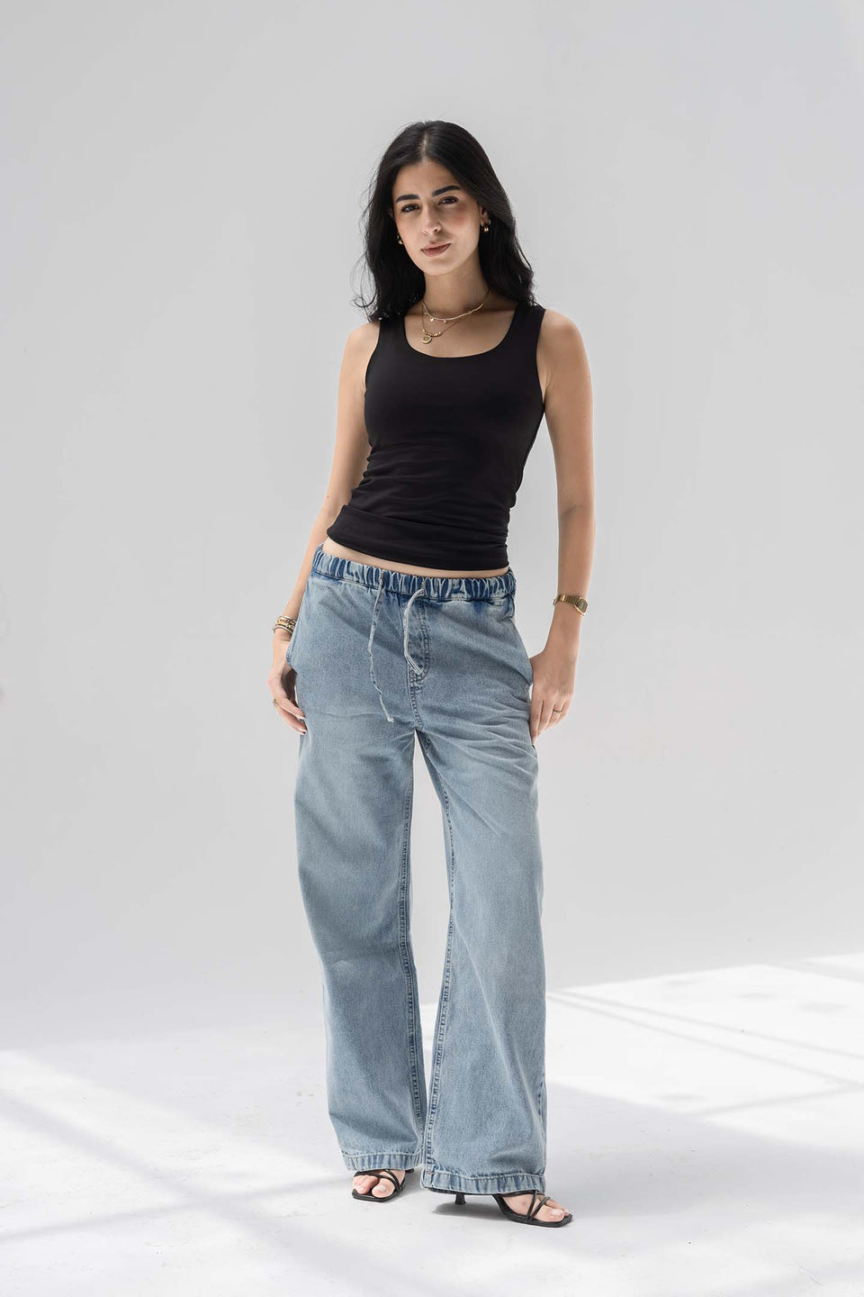 Light Blue Low-Rise Drawstring Wide-Leg Jeans