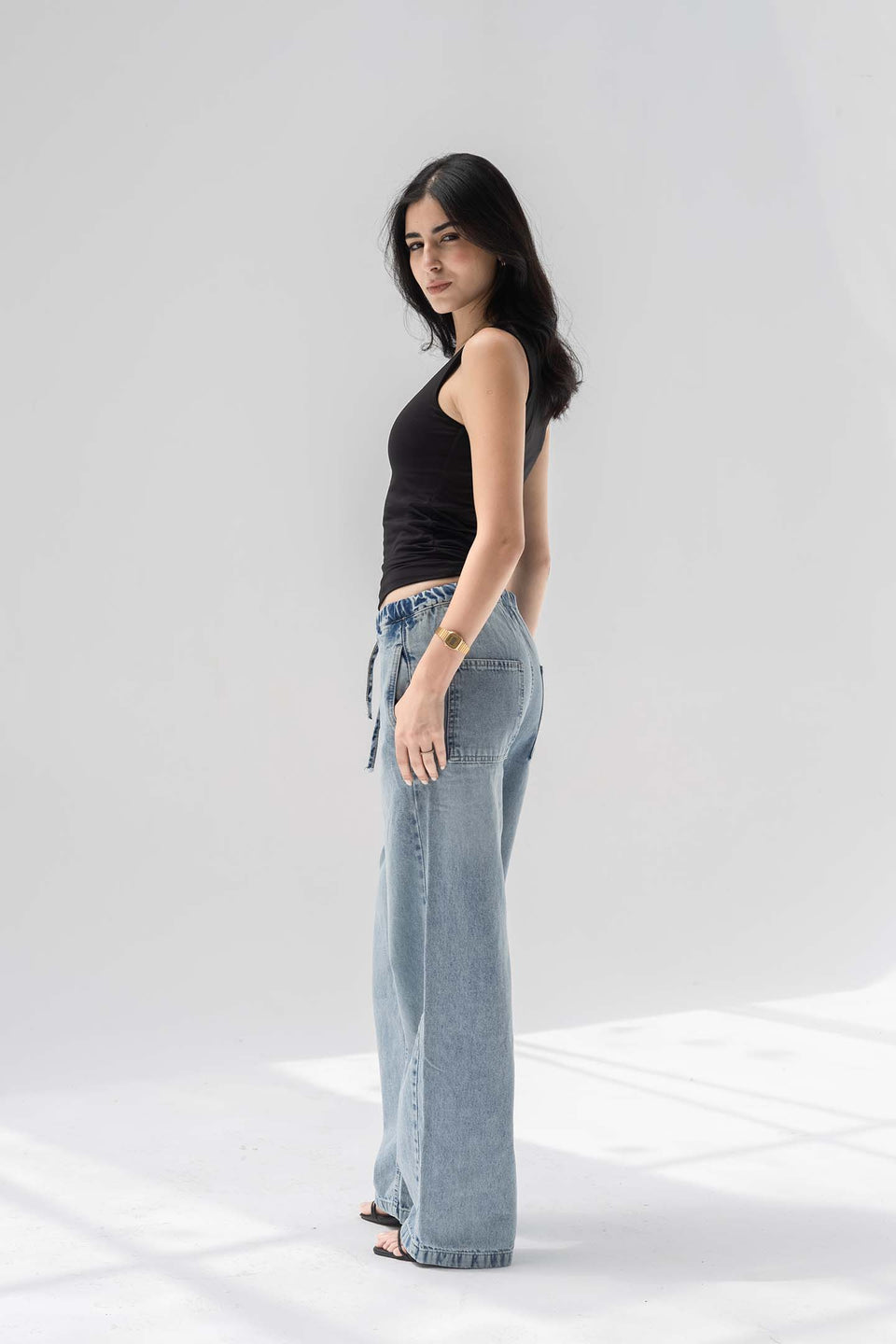 Light Blue Low-Rise Drawstring Wide-Leg Jeans