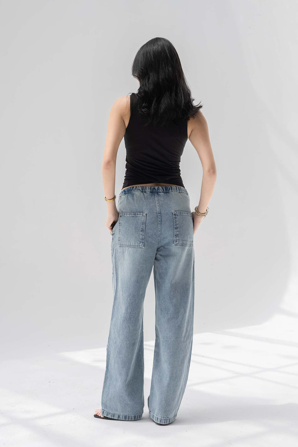 Light Blue Low-Rise Drawstring Wide-Leg Jeans