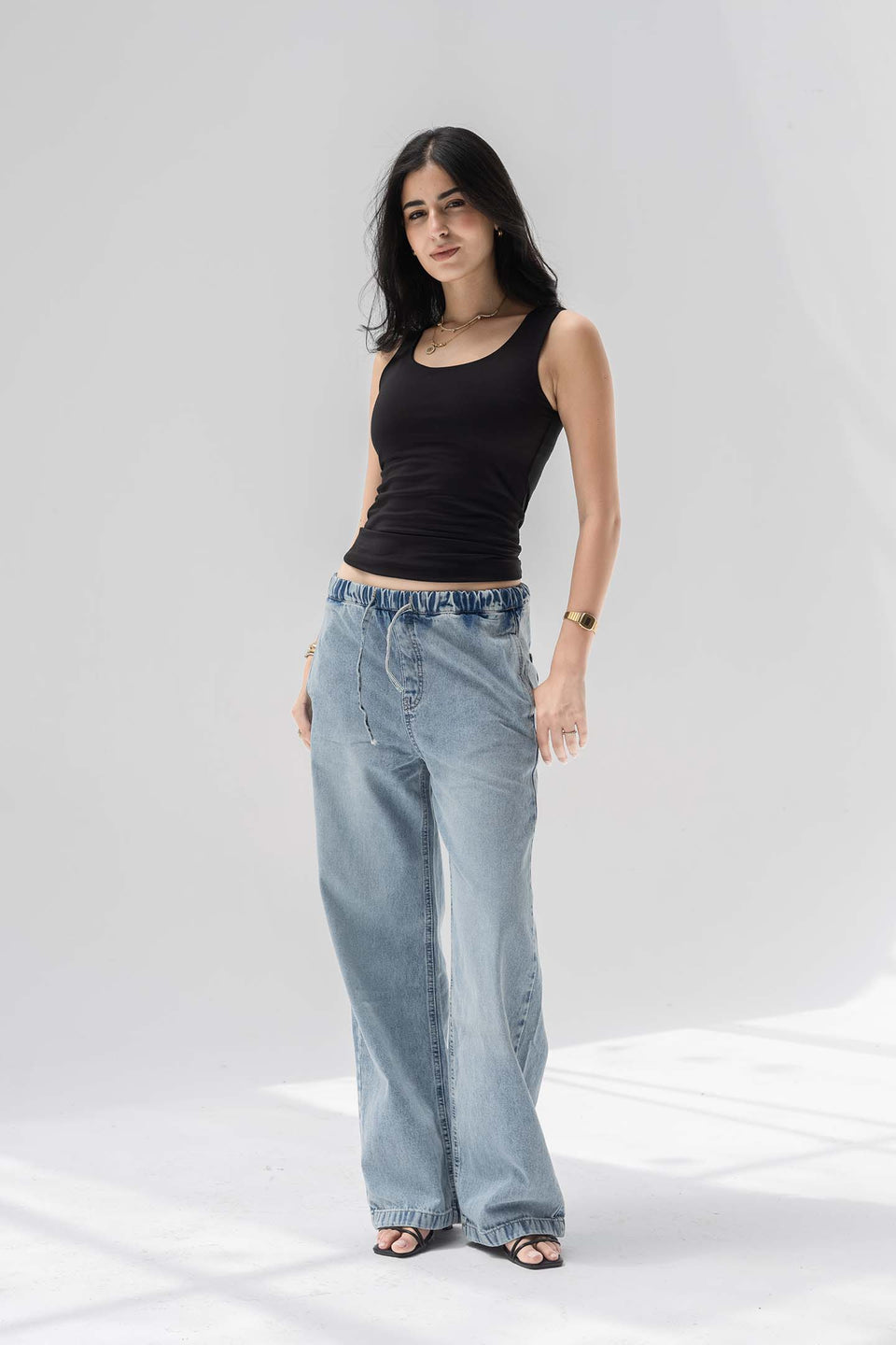Light Blue Low-Rise Drawstring Wide-Leg Jeans
