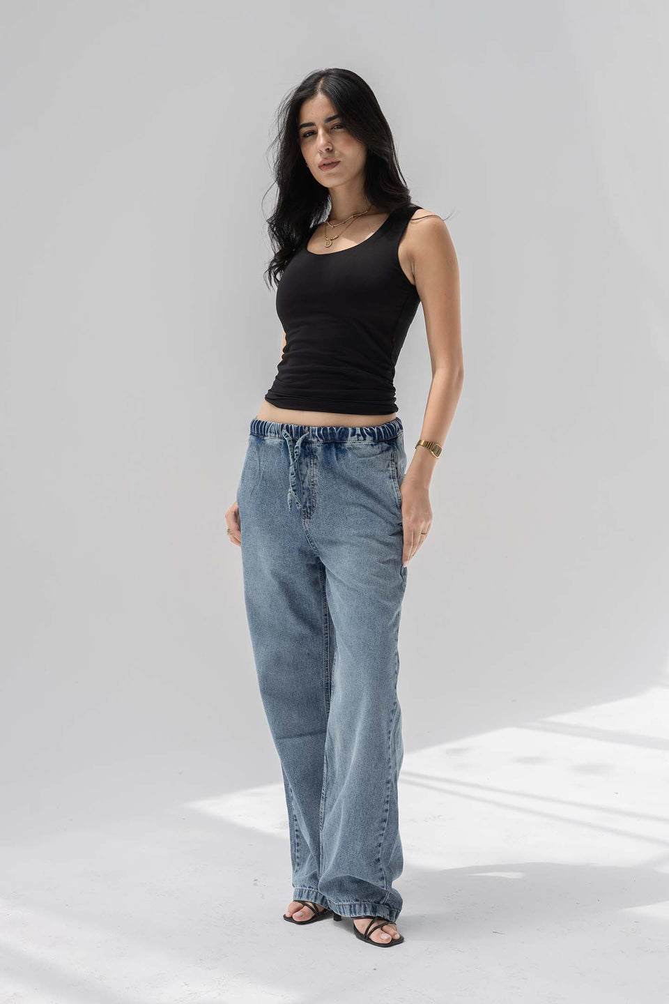 Stone Blue Low-Rise Drawstring Wide-Leg Jeans