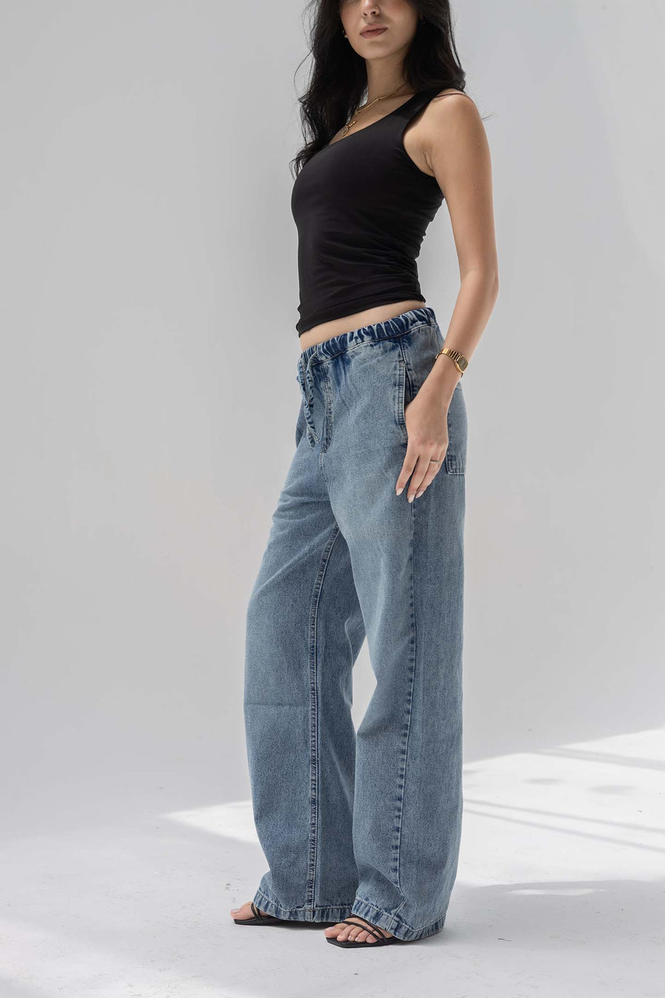 Stone Blue Low-Rise Drawstring Wide-Leg Jeans