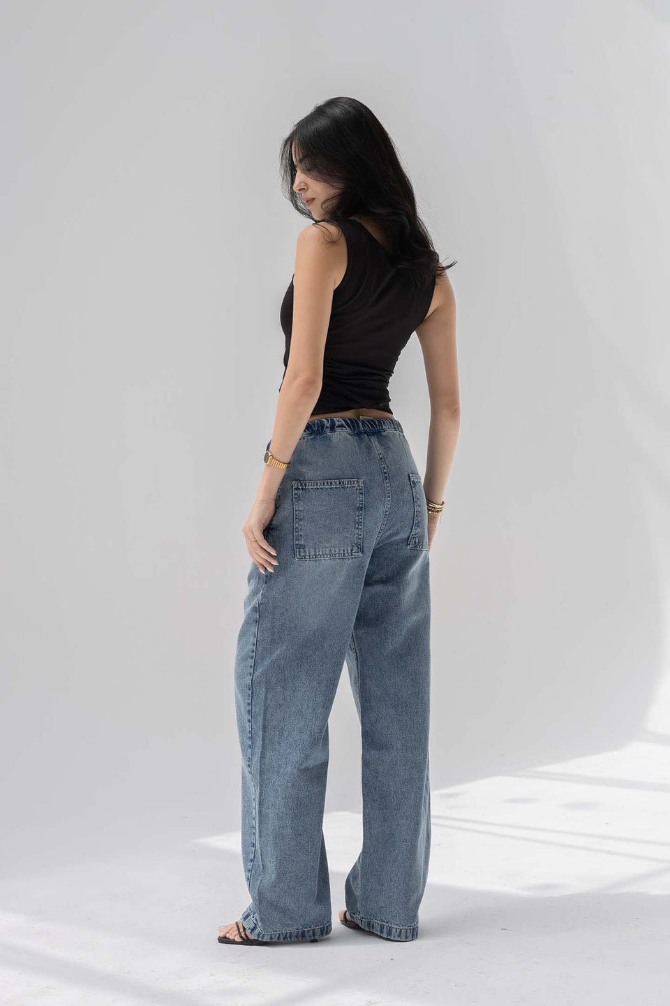 Stone Blue Low-Rise Drawstring Wide-Leg Jeans
