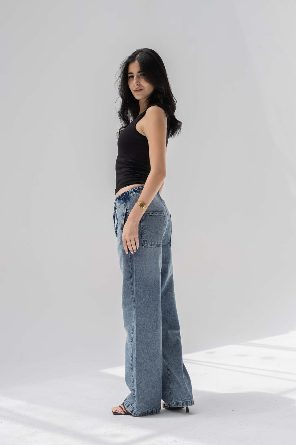 Stone Blue Low-Rise Drawstring Wide-Leg Jeans