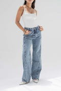 Blue High-Rise Wide-Leg Seamed Jeans