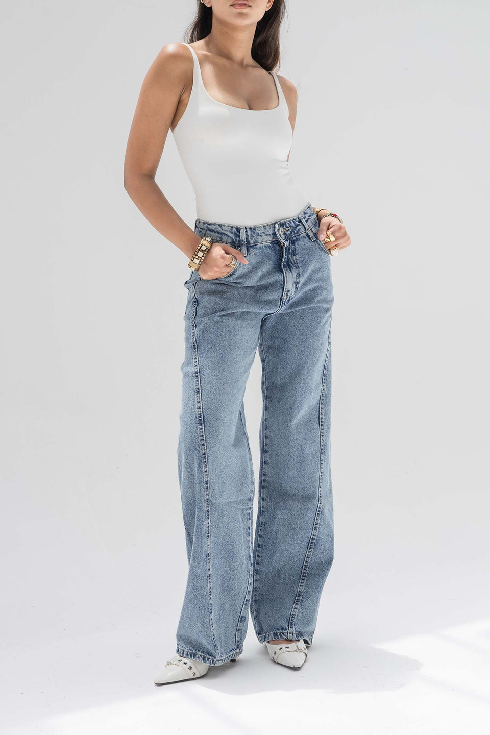 Blue High-Rise Wide-Leg Seamed Jeans