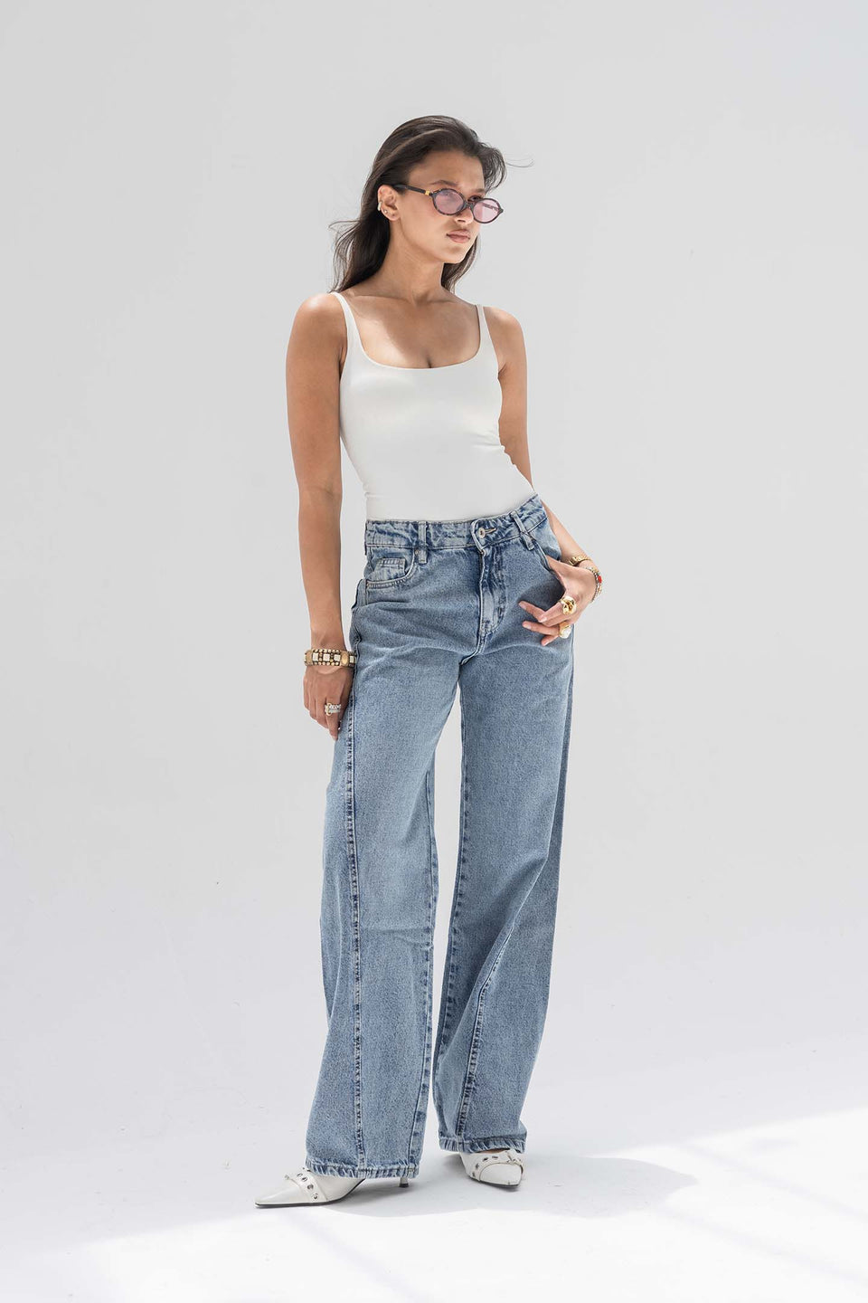 Blue High-Rise Wide-Leg Seamed Jeans