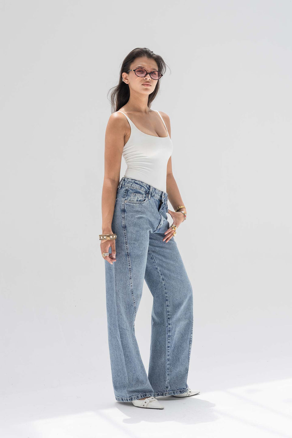 Blue High-Rise Wide-Leg Seamed Jeans