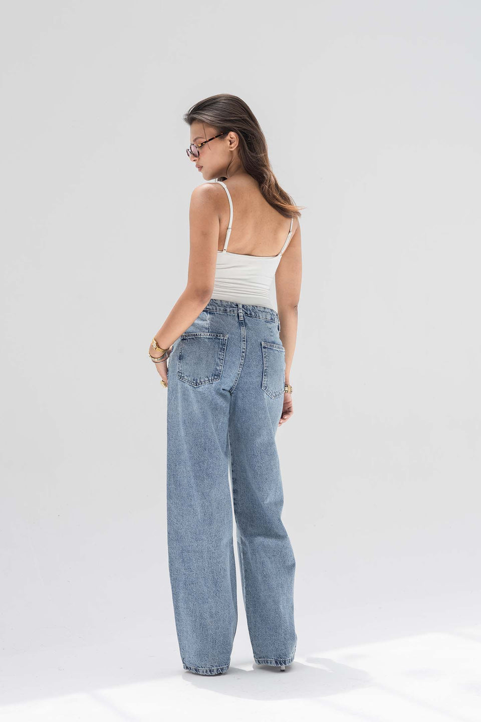 Blue High-Rise Wide-Leg Seamed Jeans