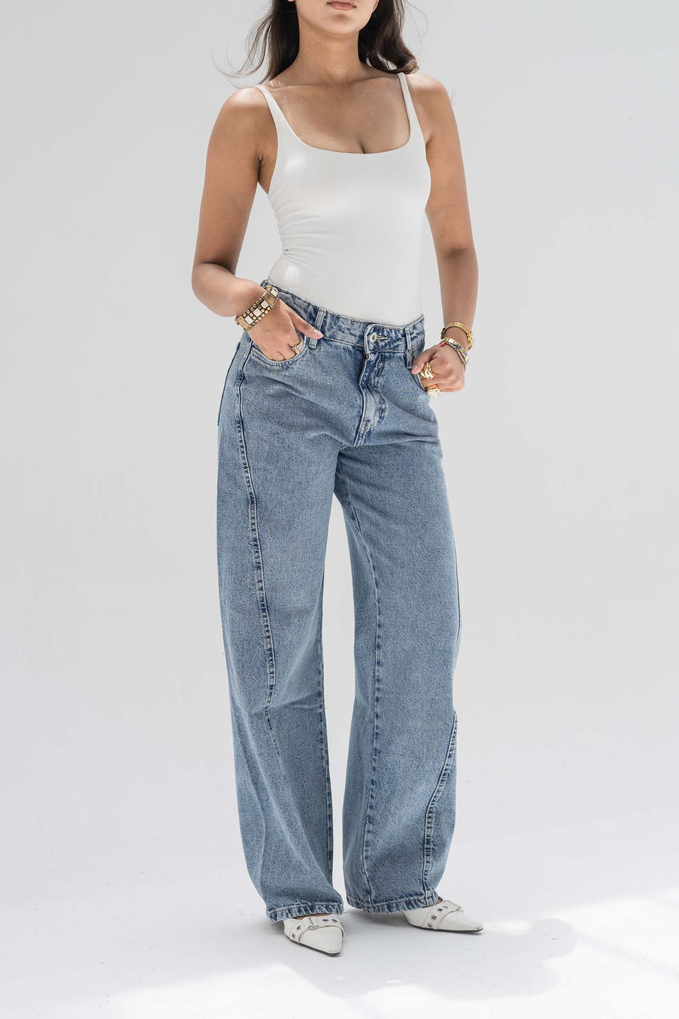 Blue High-Rise Wide-Leg Seamed Jeans