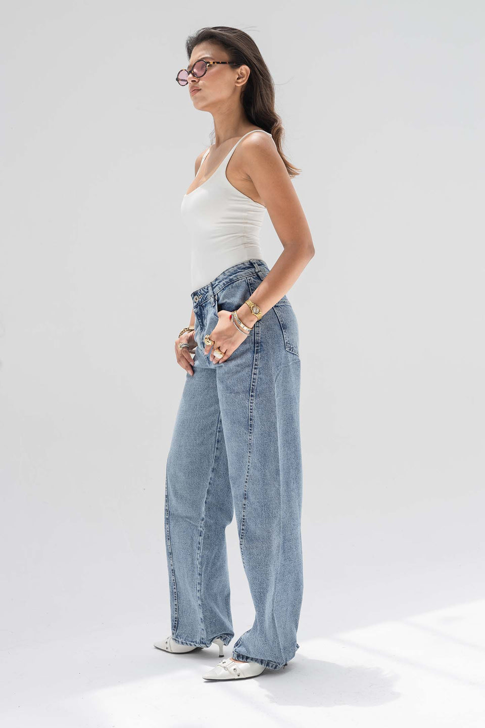 Blue High-Rise Wide-Leg Seamed Jeans
