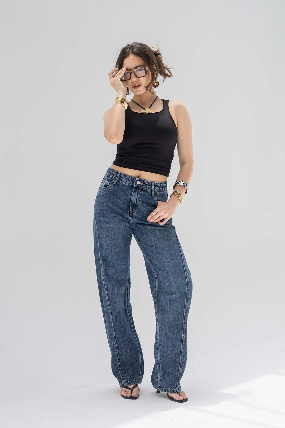 Deep Blue High-Rise Wide-Leg Seamed Jeans