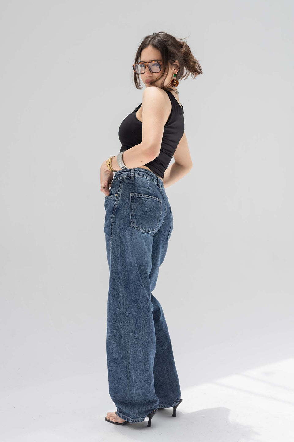 Deep Blue High-Rise Wide-Leg Seamed Jeans