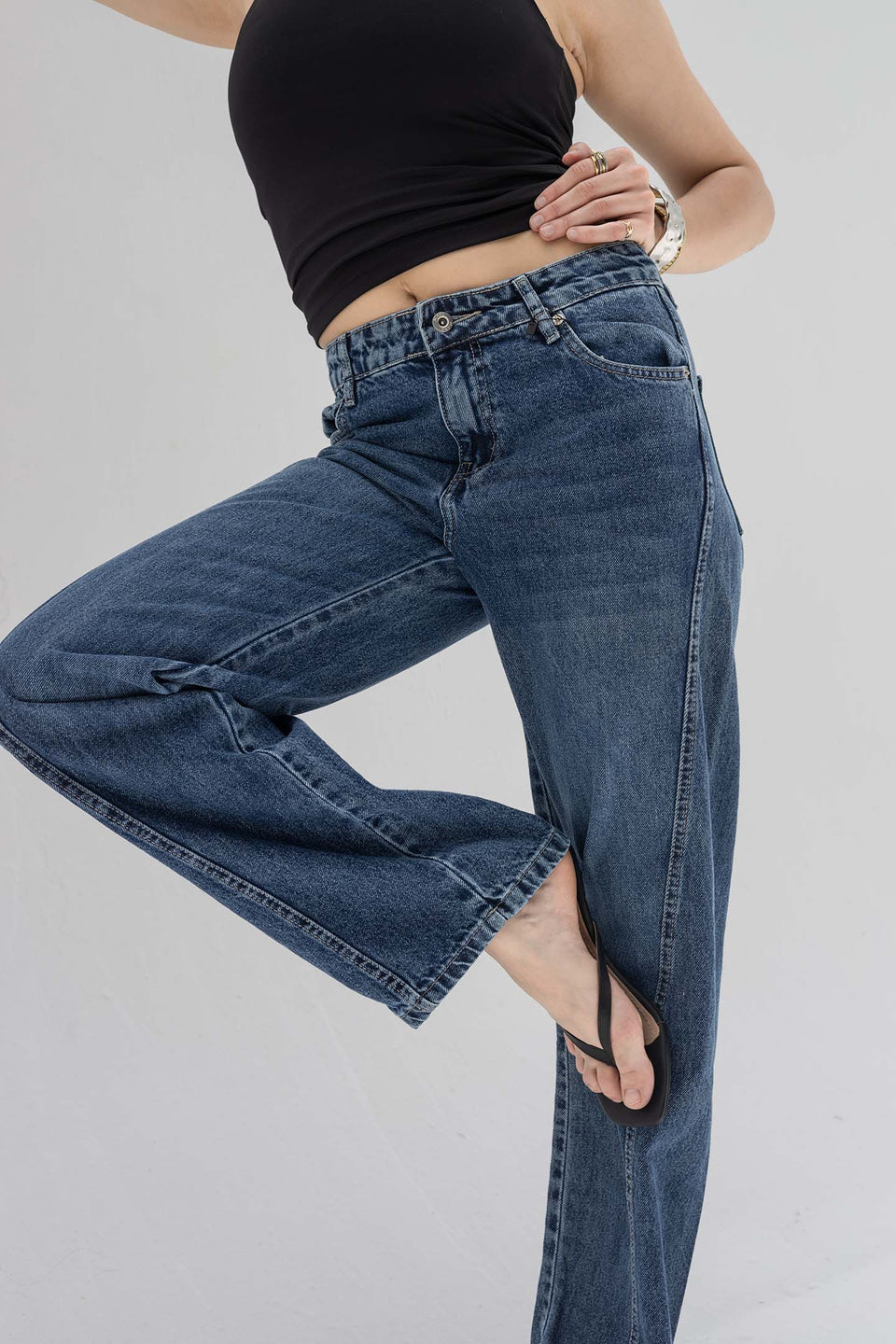 Deep Blue High-Rise Wide-Leg Seamed Jeans
