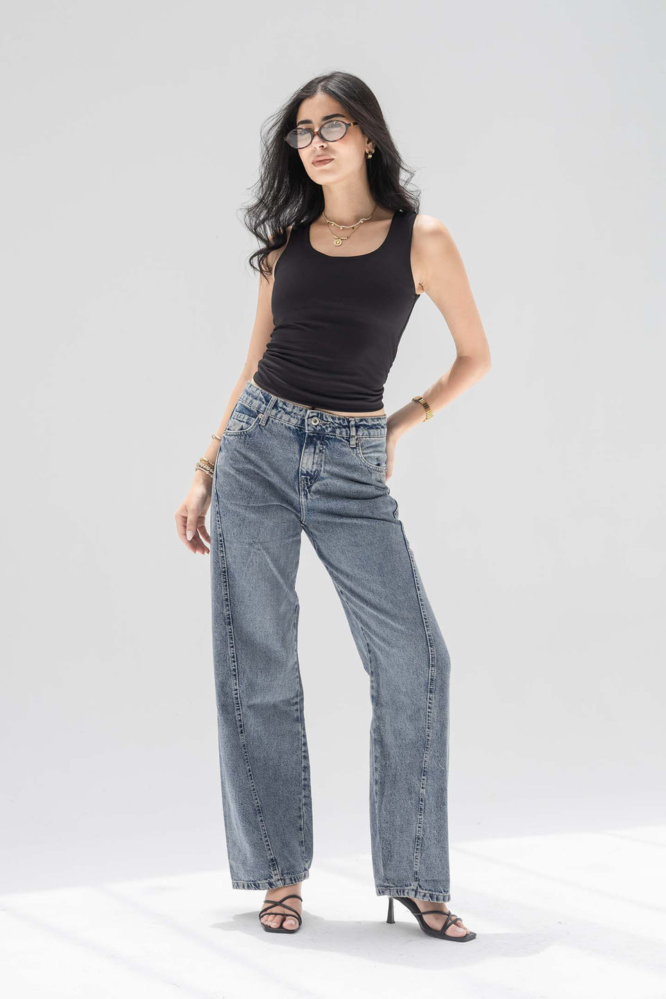 Stone Blue High-Rise Wide-Leg Seamed Jeans