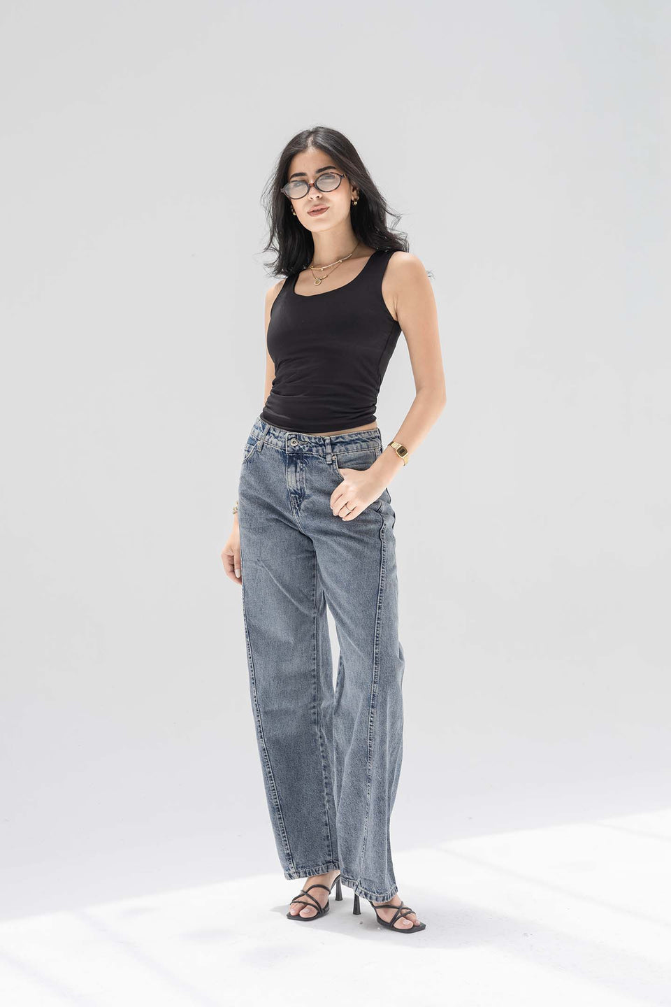 Stone Blue High-Rise Wide-Leg Seamed Jeans
