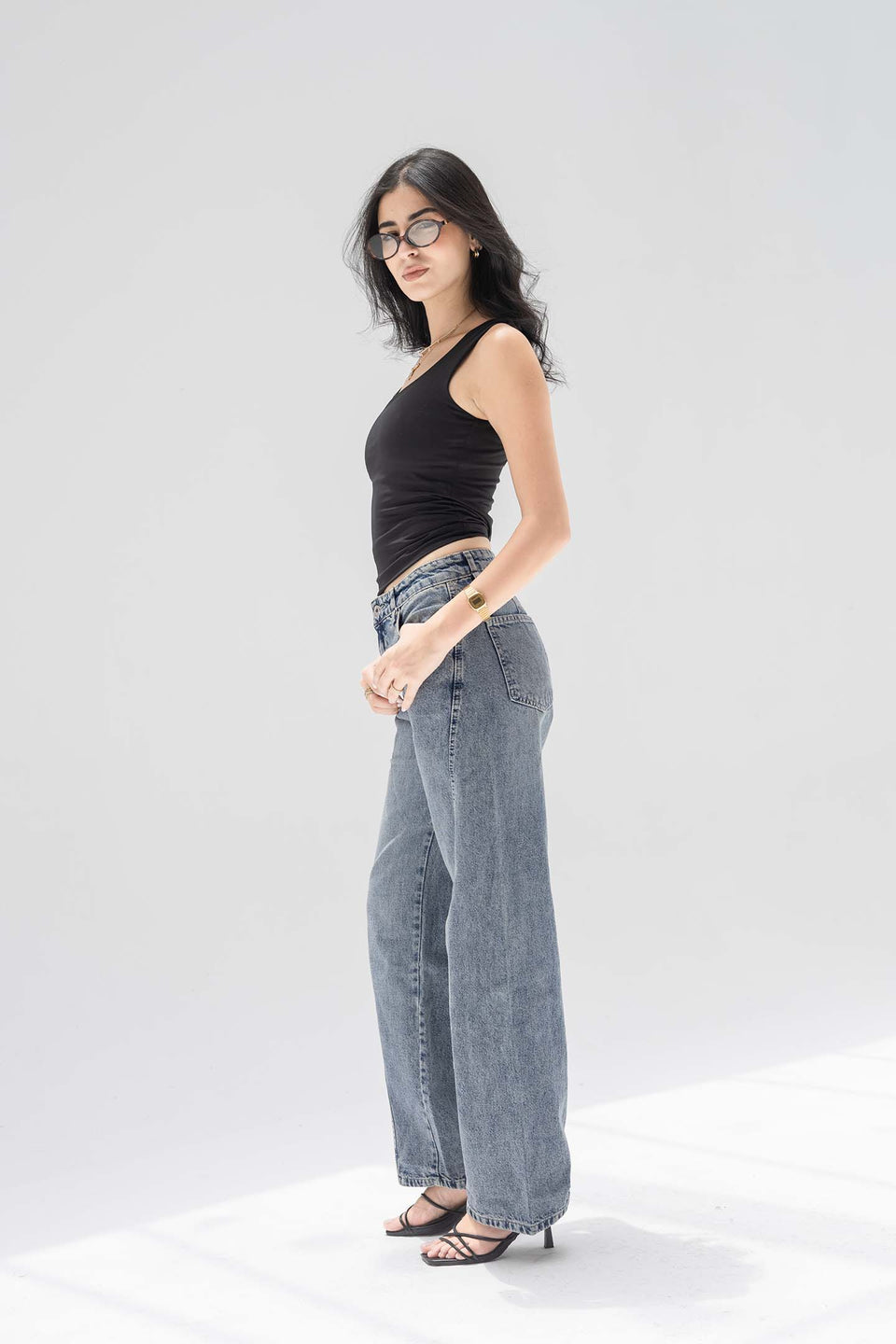 Stone Blue High-Rise Wide-Leg Seamed Jeans
