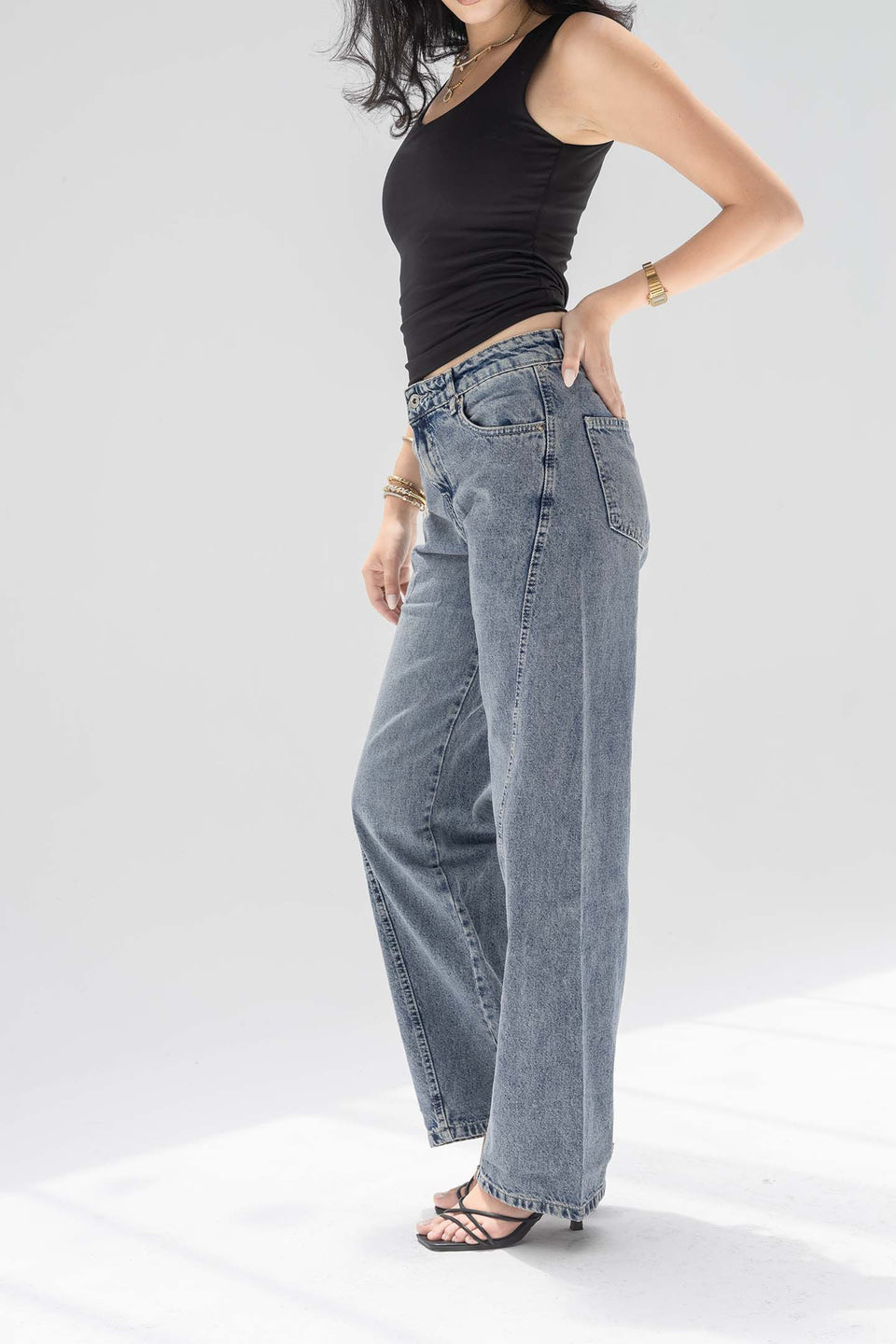 Stone Blue High-Rise Wide-Leg Seamed Jeans