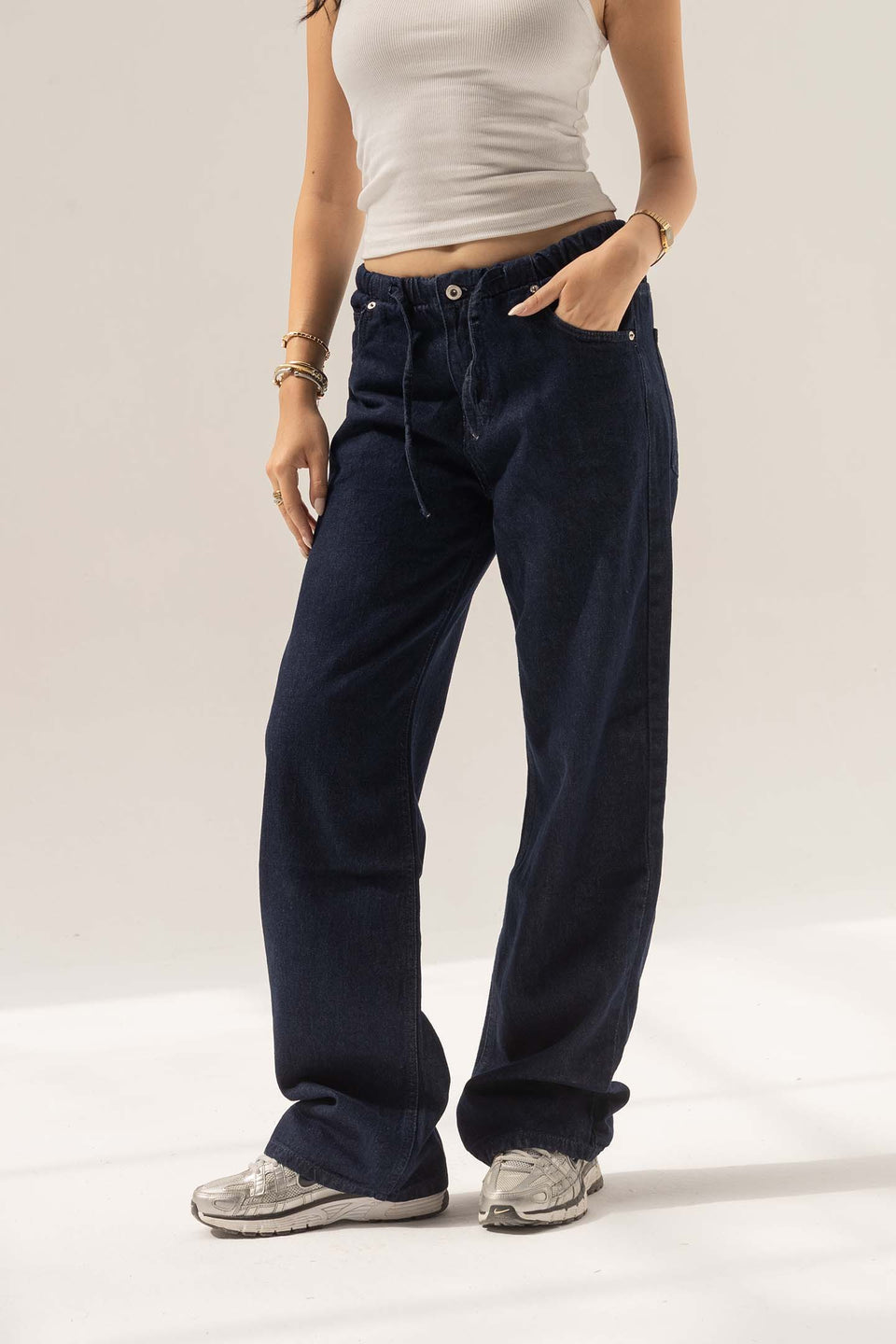Navy High-Rise Wide-Leg Seamed Jeans