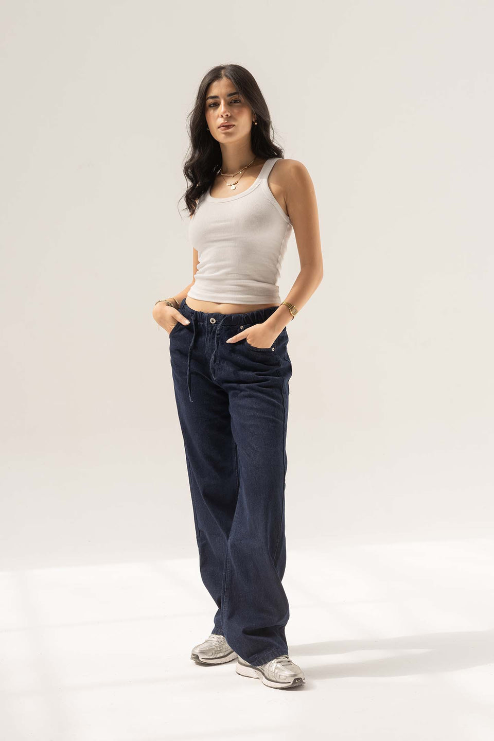 Navy High-Rise Wide-Leg Seamed Jeans