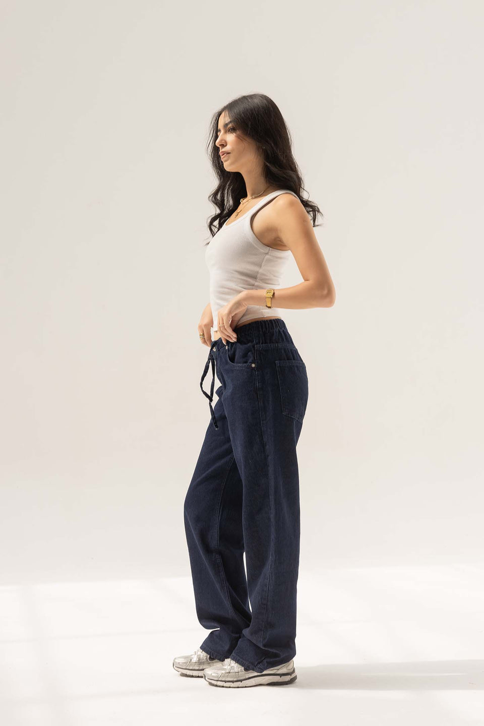 Navy High-Rise Wide-Leg Seamed Jeans