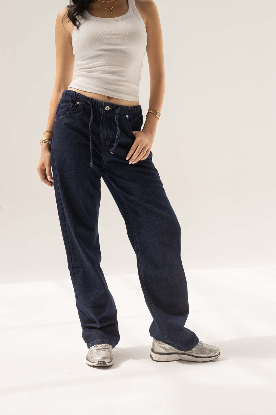 Navy High-Rise Wide-Leg Seamed Jeans
