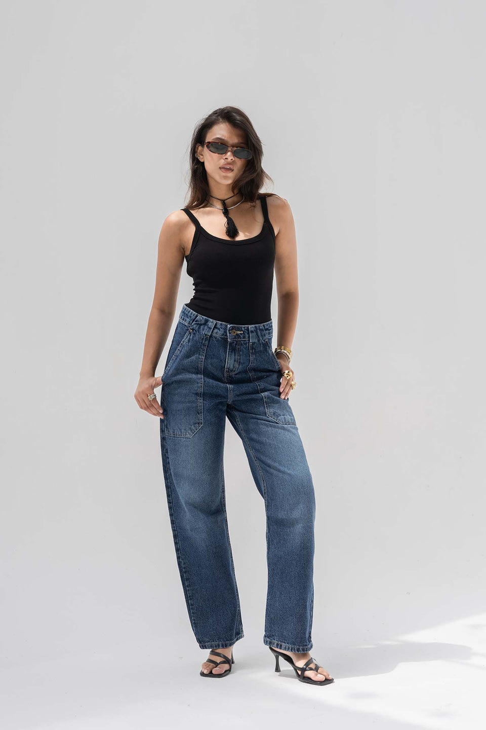 Deep Blue Panelled High-Rise Straight-Leg Jeans