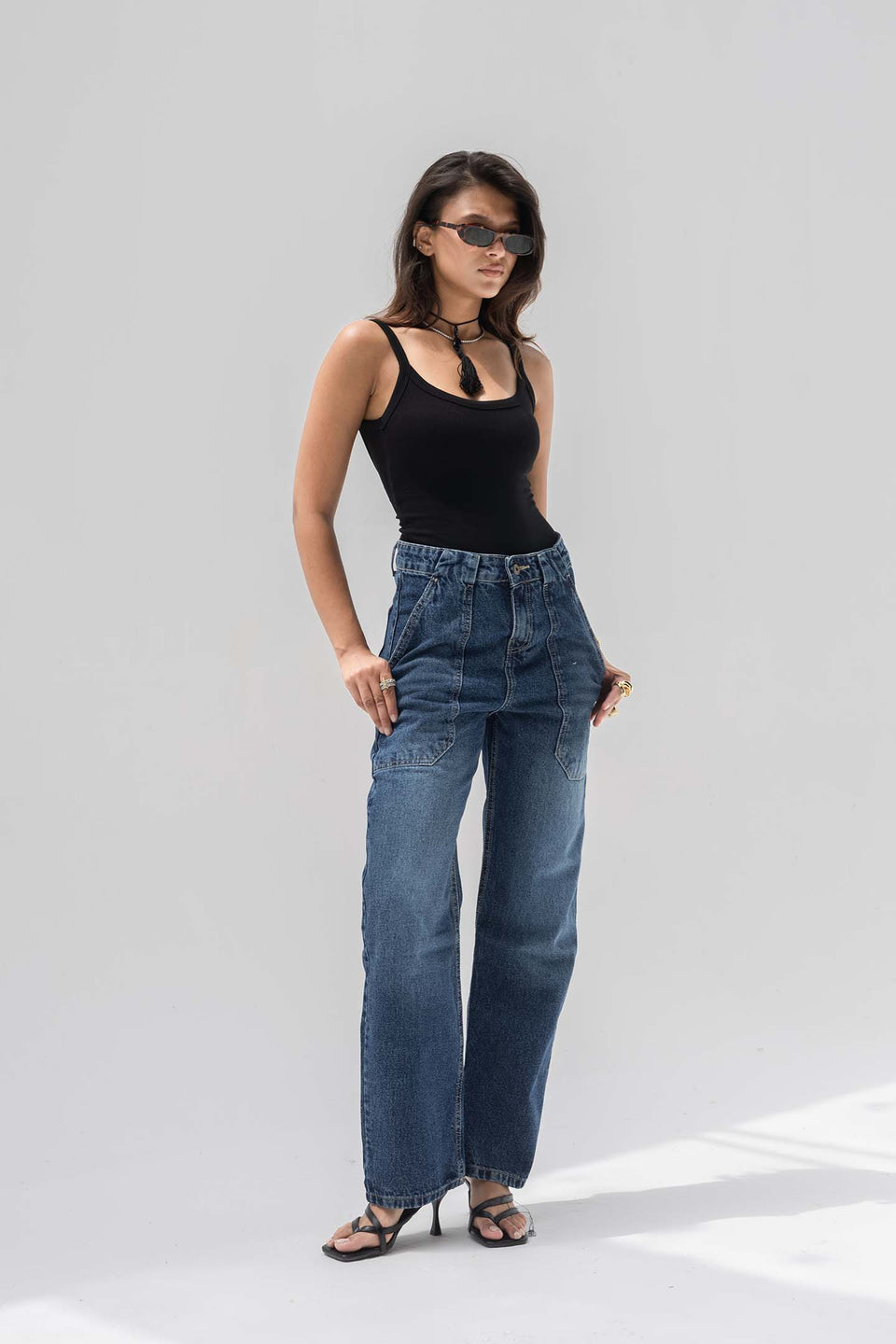 Deep Blue Panelled High-Rise Straight-Leg Jeans