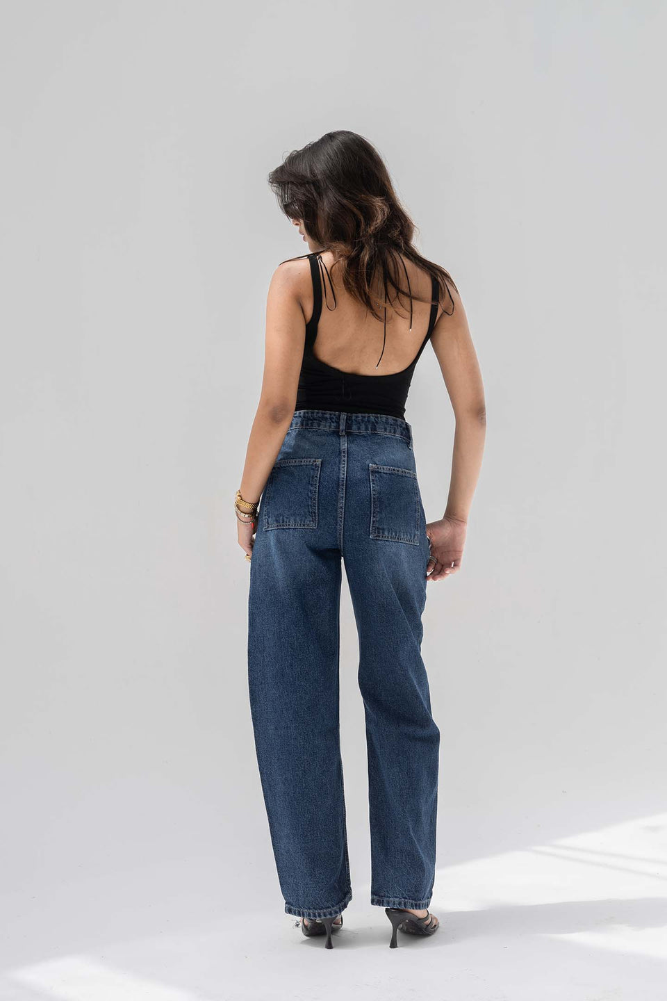 Deep Blue Panelled High-Rise Straight-Leg Jeans