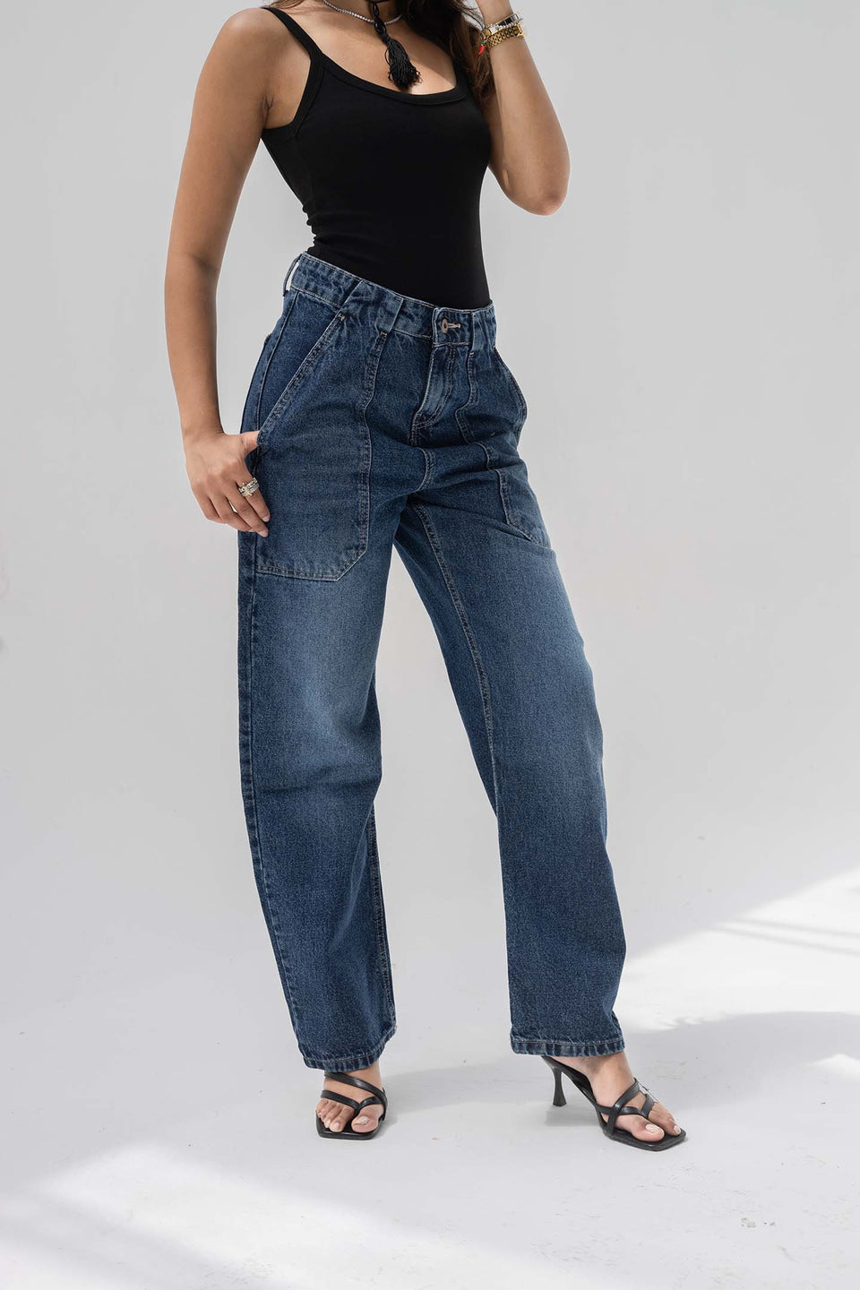 Deep Blue Panelled High-Rise Straight-Leg Jeans
