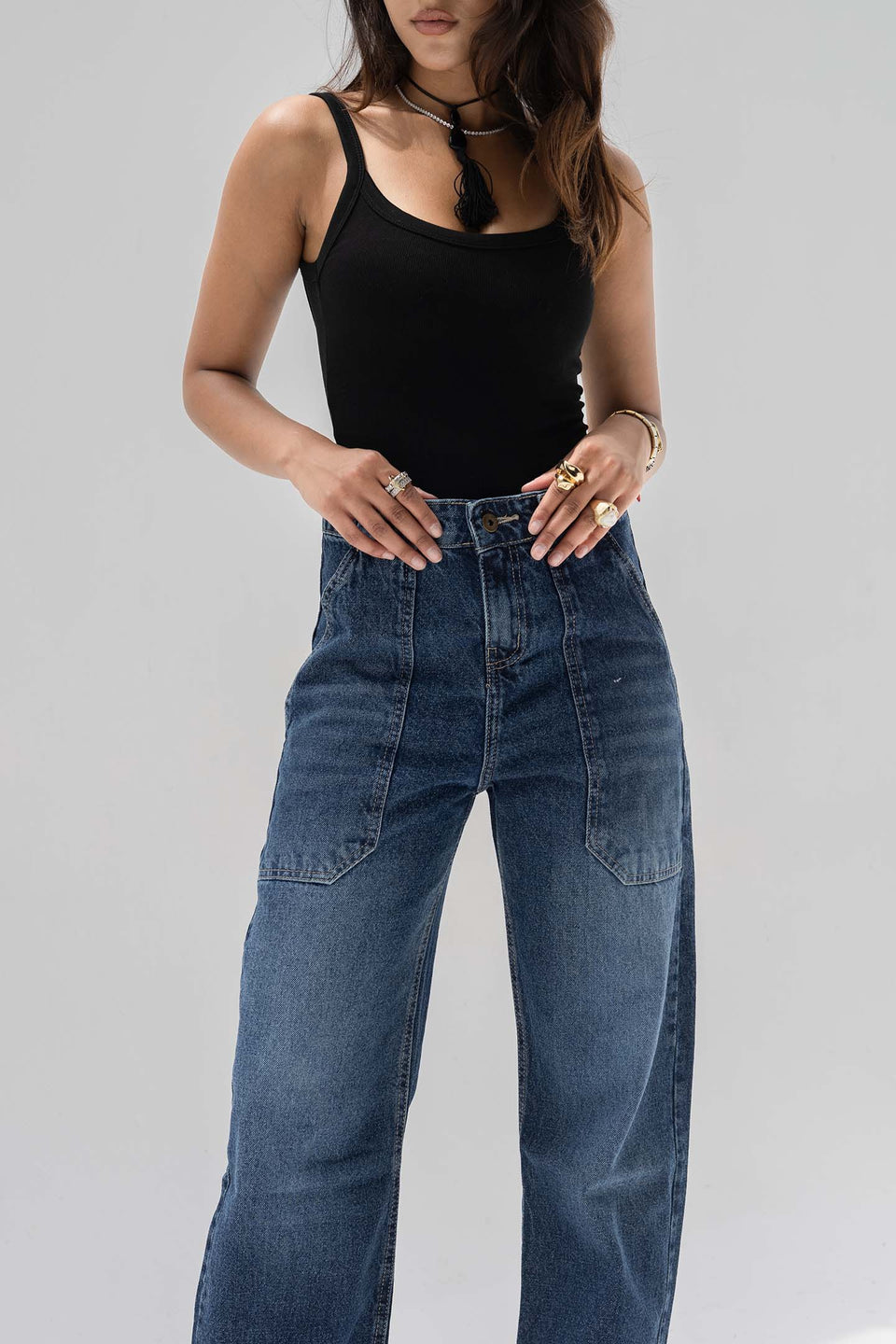 Deep Blue Panelled High-Rise Straight-Leg Jeans