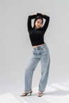 Light Blue Panelled High-Rise Straight-Leg Jeans