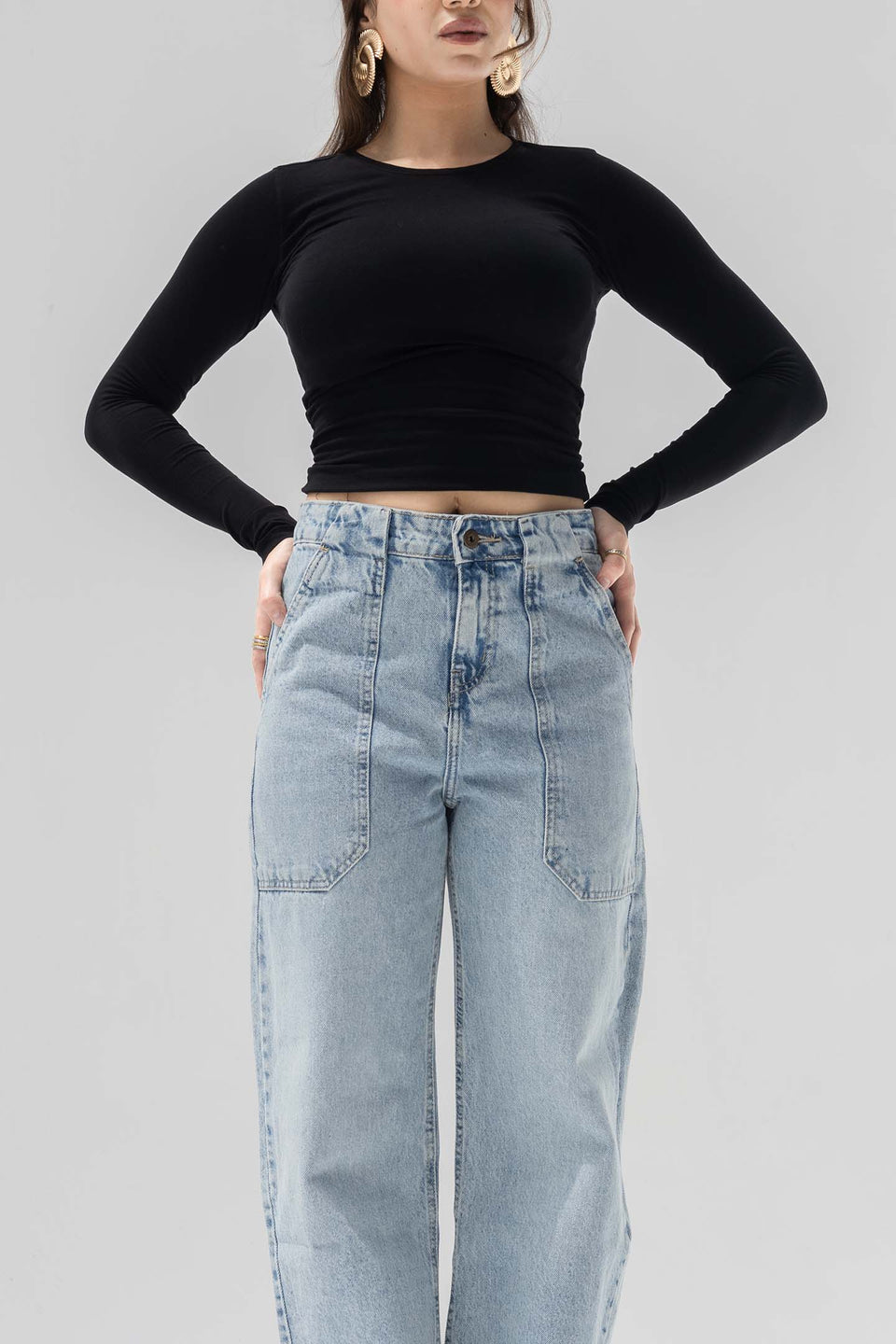 Light Blue Panelled High-Rise Straight-Leg Jeans