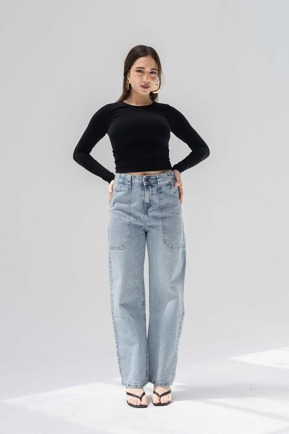 Light Blue Panelled High-Rise Straight-Leg Jeans