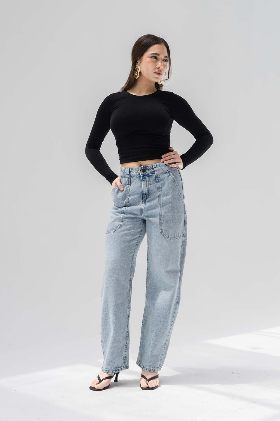 Light Blue Panelled High-Rise Straight-Leg Jeans