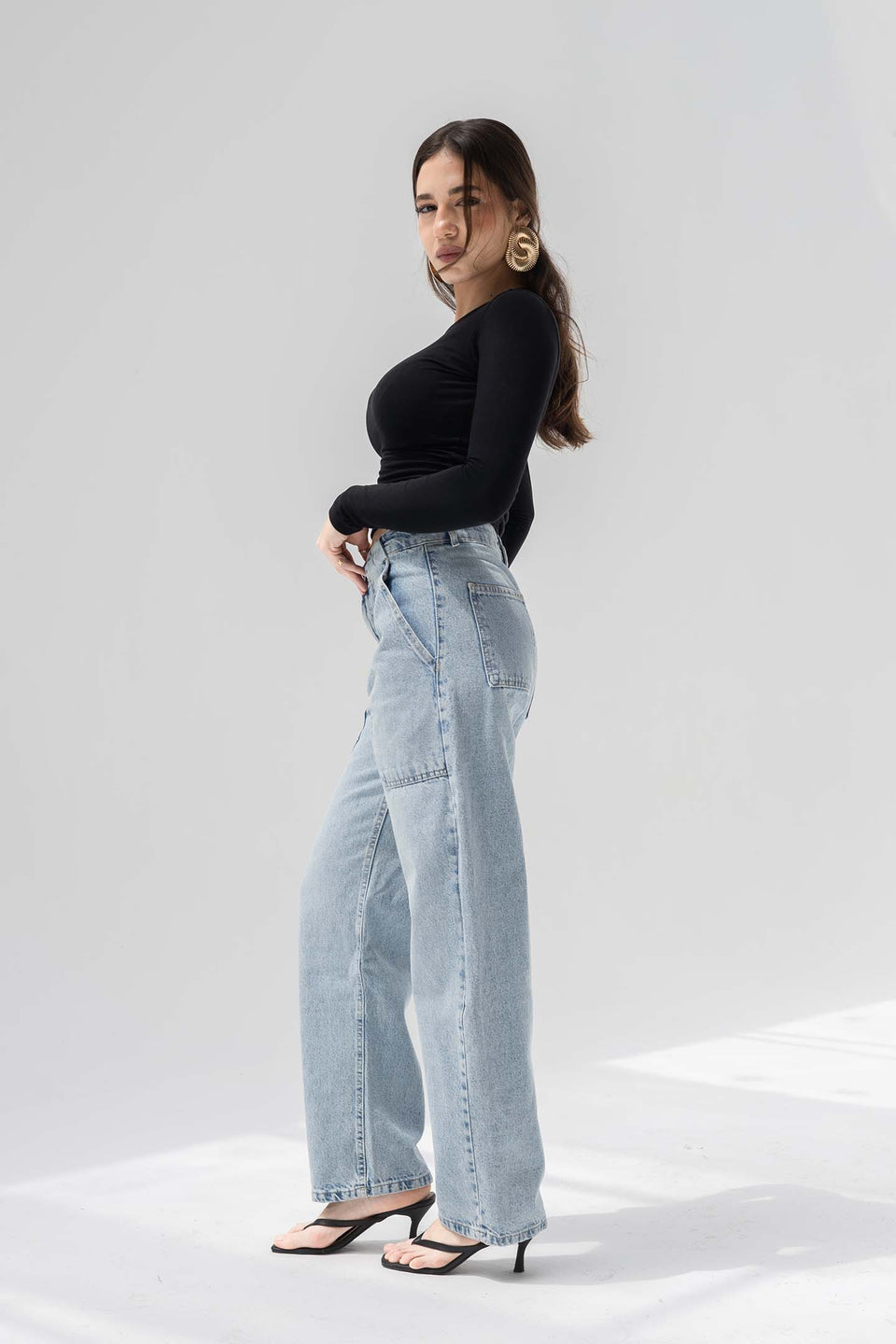 Light Blue Panelled High-Rise Straight-Leg Jeans