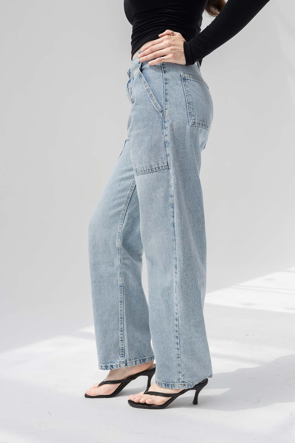 Light Blue Panelled High-Rise Straight-Leg Jeans
