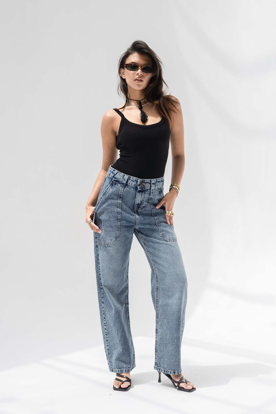 Stone Blue Panelled High-Rise Straight-Leg Jeans