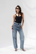 Stone Blue Panelled High-Rise Straight-Leg Jeans