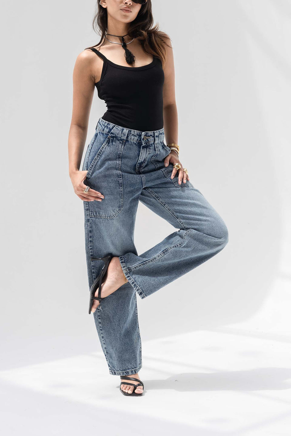 Stone Blue Panelled High-Rise Straight-Leg Jeans